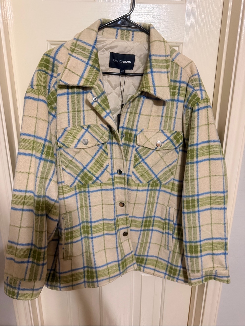 Fashion Nova Cream Plaid Shacket with Olive Green & Sky Blue